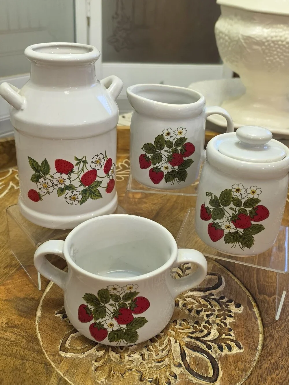 Vintage McCoy Pottery Strawberry Country 4pc Creamer Sugar Milk Jug Set 1970s